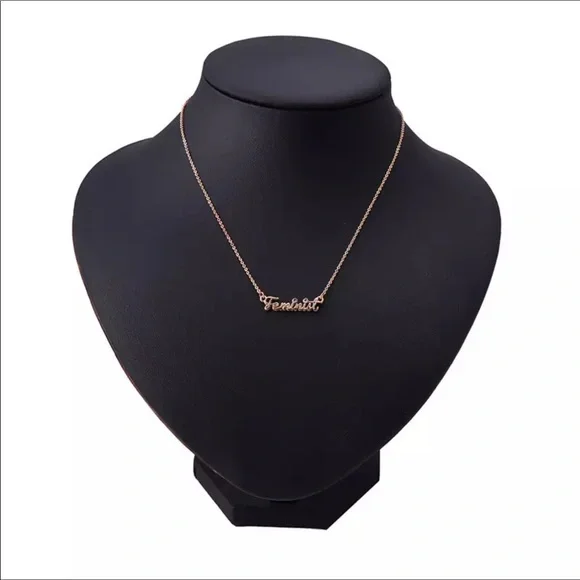Small Gold tone w Rhinestones Feminist Necklace - Picture 4 of 8